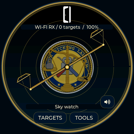 LockPickingLawyer radar with CI header, central seal and rotating balance scales, actual Waveshare render