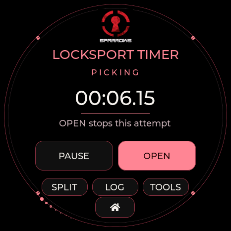 Sparrows Locksport Timer with elapsed time and split controls