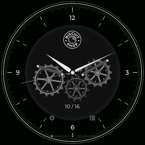 Biscuit Shop · monochrome gears, actual Waveshare firmware render