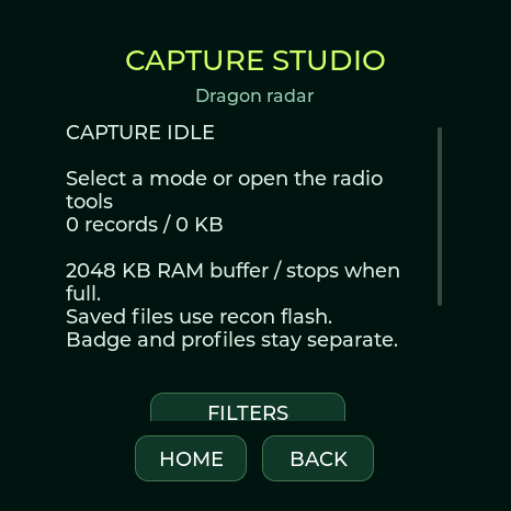 Capture Studio showing internal recon flash storage and capture status