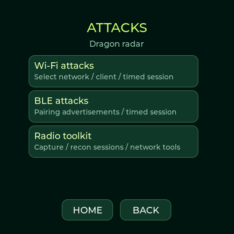 Wi-Fi and BLE Attacks menu