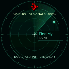 Lite radar framebuffer: BWM logo, live sweep and a labeled Find My signal
